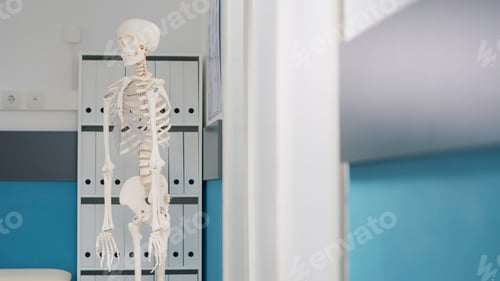 Preview: Human skeleton with bones and spinal cord in osteopathy office