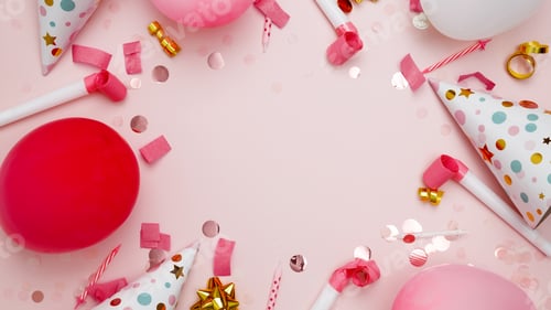 Visualização: Conceito de comemorações festivas de aniversário. Atributos de aniversário: balões coloridos, chapéus de festa