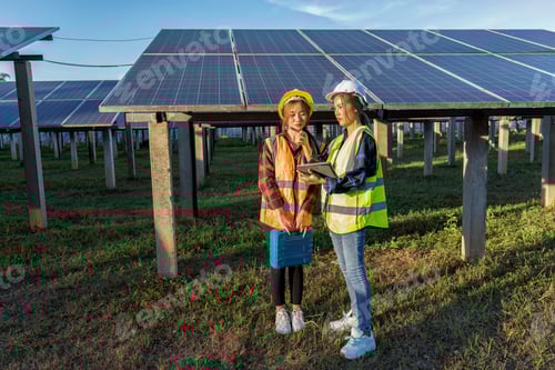 Preview: 2 maintenance girl engineer carry tool box routine maintenance at greenery solar farm in village