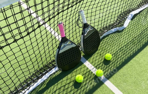 Preview: Paddle tennis still life. Racket, balls and turf