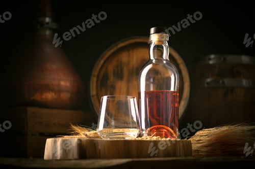 Preview: A bottle of whiskey with glass on wooden board