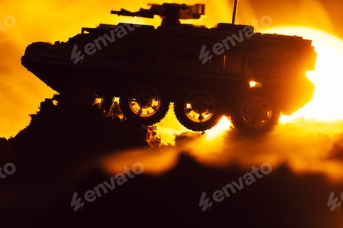 Preview: Battle scene with toy tank in fire and sunset at background