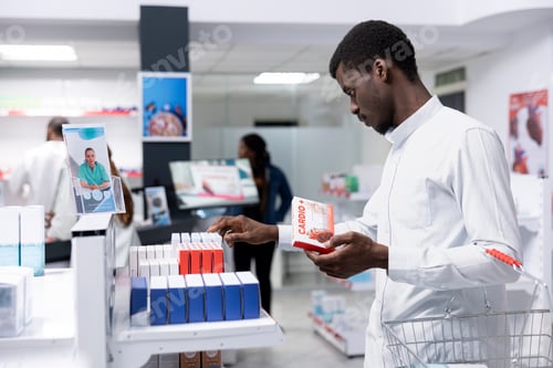 Preview: Pharmacy retail scene showing a customer searching for over the counter medicine