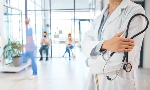 Preview: Medical healthcare doctor, woman worker or employee arms crossed confident with stethoscope in busy