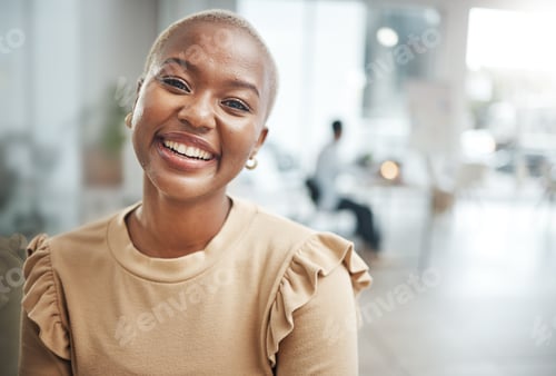 Preview: Face, portrait and smile of black woman in office with pride for career, job or profession. Busines