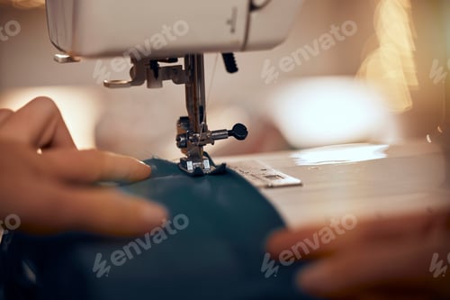 Preview: Design, clothes and closeup of sewing machine with fabric for clothing production, fashion design a