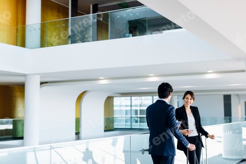 Preview: Two professionals engaged in a friendly conversation in a modern office lobby.