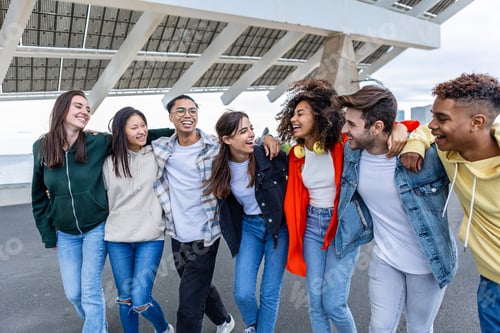 Preview: Diverse happy student community friends laughing together outdoors