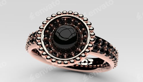 Preview: an engagement ring with black diamonds in 18k gold, on a plain surface