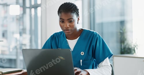 Preview: Hospital, nurse and black woman with laptop, typing and thinking with research, online reading and