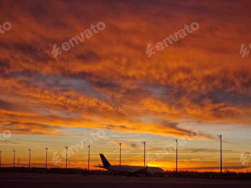 Preview: Beautiful scenery of a plane landing at sunset with a vibrant cloudy orange sky in the background