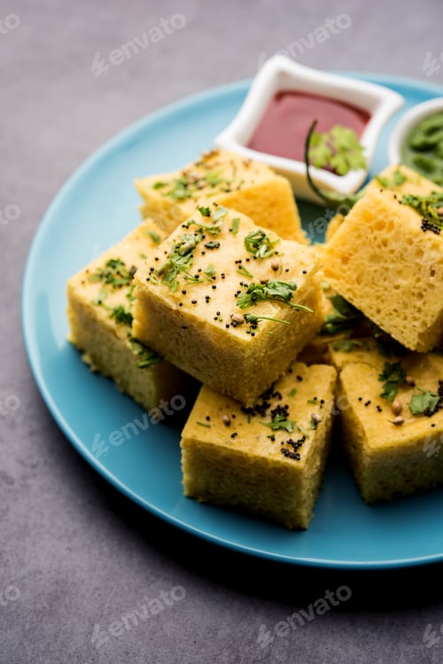 Preview: Gujarati Khaman Dhokla or Steamed Gram Flour Puffy Snack Cake