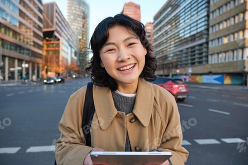 Preview: Portrait of asian girl student, stands in city centre with cars on busy street, holds digital