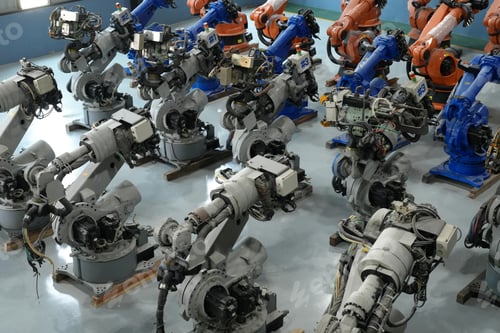 Preview: Robotics engineer working on maintenance of robotic arm in factory warehouse. Business technology.