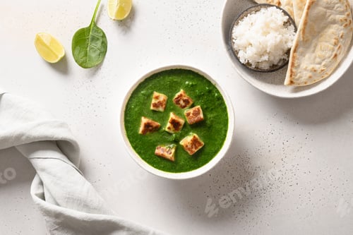 Preview: Indian vegetarian cuisine Palak Paneer served on white.