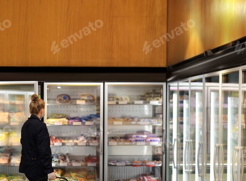 Preview: Supermarket Shopping, Face Mask And Gloves,Woman Choosing Frozen Food From A Supermarket Freezer