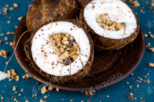 Preview: Healthy breakfast in coconut bowl.