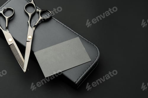 Preview: Hairdressing scissors and businesscard mock up on black background