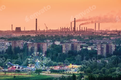 Preview: Amusement park with Ferris wheel and steel factory