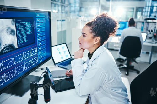 Preview: Computer, screen and scientist in laboratory with thinking, planning and analysis with medical rese