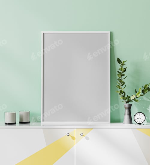 Preview: Blank poster frame mockup in modern bright interior with light green wall