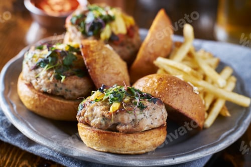 Preview: plate of three turkey burger sliders with fries