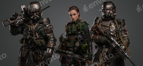 Preview: Woman with two comrades in post apocalyptic style