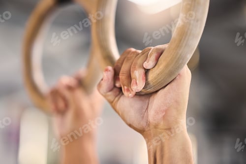 Preview: Gym, hands and rings workout by man for fitness, muscle and training closeup with mockup. Hand, exe