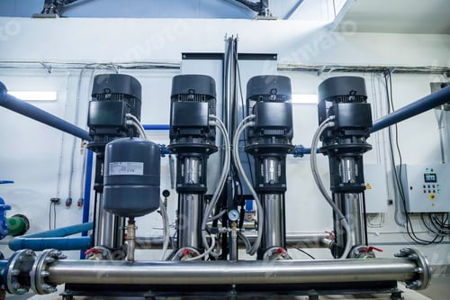 Preview: Industrial interior of water pump, valves, pressure gauges