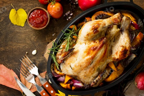 Preview: Christmas or Thanksgiving homemade roasted turkey, potato gratin and grill corn.
