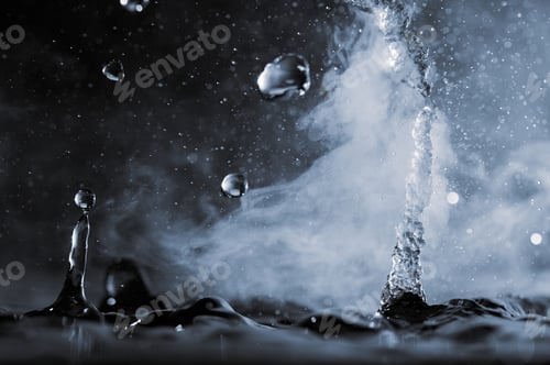 Preview: Boiling water splash with steam on black background closeup