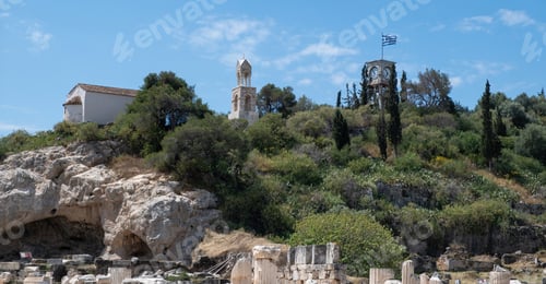 Preview: Elefsina Panagia Chapel, Belfry, Clocktower, Pluto double cave at Archaeological Site Attica Greece.