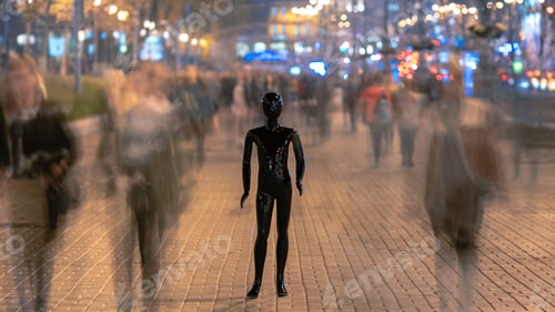 Preview: The dummy standing on the evening street with people