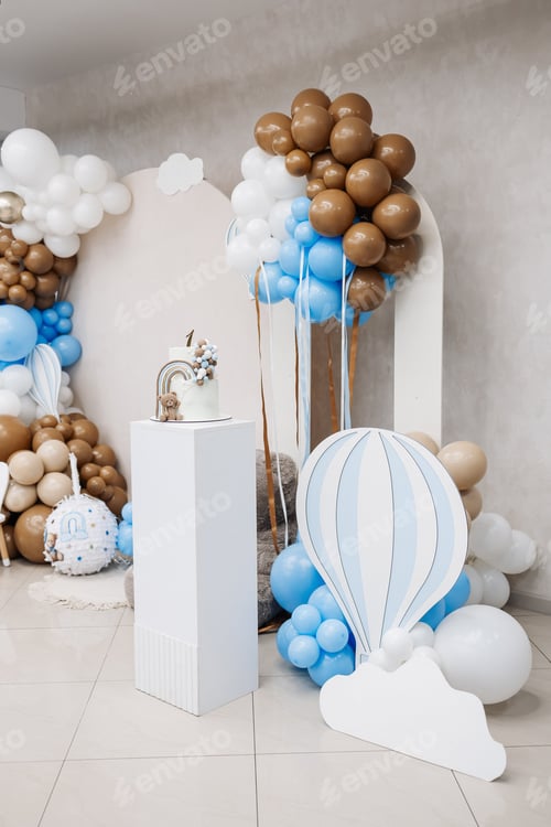 Preview: Two-story sweet cake decorated with a teddy bear for a birthday celebration