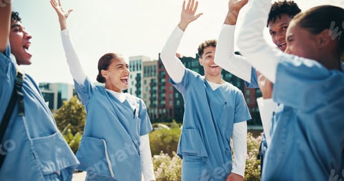 Preview: Medical success, doctor and celebration with hands together outdoor for nursing program or board ex