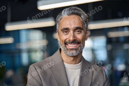 Preview: Happy middle aged mature business man looking at camera in office, headshot.