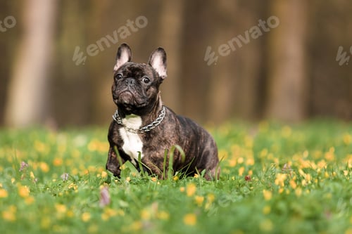 Preview: A french bulldog standing in a field of flowers