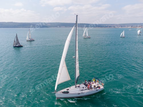 Preview: Aerial view of sailing yachts regatta race on sea