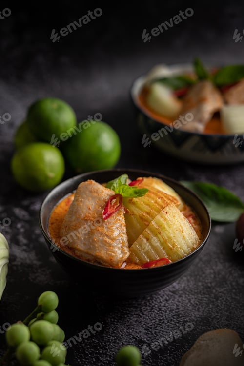 Preview: Chicken curry with winter melon, with mushroom, garlic, chilli and basil.