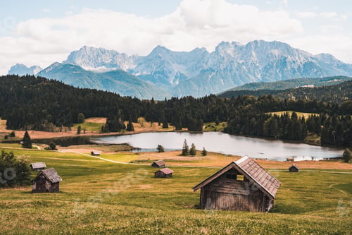 Preview: Lake Geroldsee, also Wagenbruchsee, With cabins Bavaria, Germany, Europe