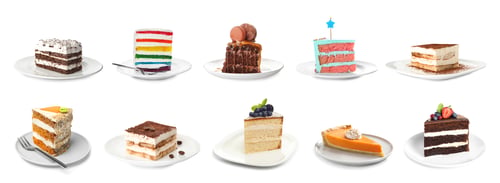 Preview: Set with different cake pieces isolated on white. Banner design