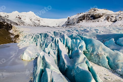 Preview: Svinafellsjokull glacier in Iceland at sunset. Aerial view