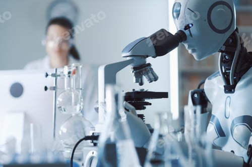 Preview: AI robot examining samples under a microscope