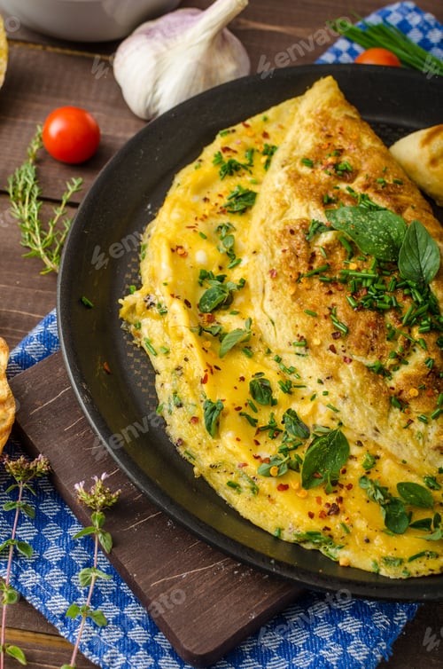 Preview: Herb omelette with chives and oregano sprinkled with Herb omelette with chili flakes