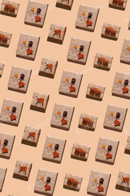 Preview: Trendy Christmas pattern made with paper gift boxes photo on pastel background zero waste New Year