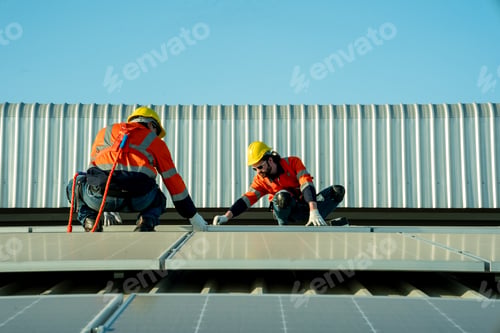 Preview: Engineer working setup Solar panel at the roof top. Engineer or worker work on solar panels or solar