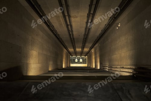 Preview: Empty Indoor Shooting Range Featuring Paper Targets Hanging at Distance