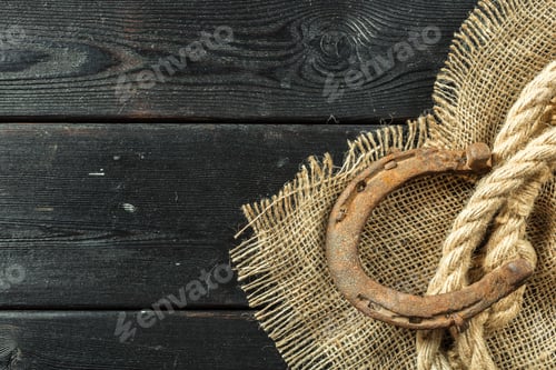Preview: Horseshoe and rope on burlap over black wooden surface