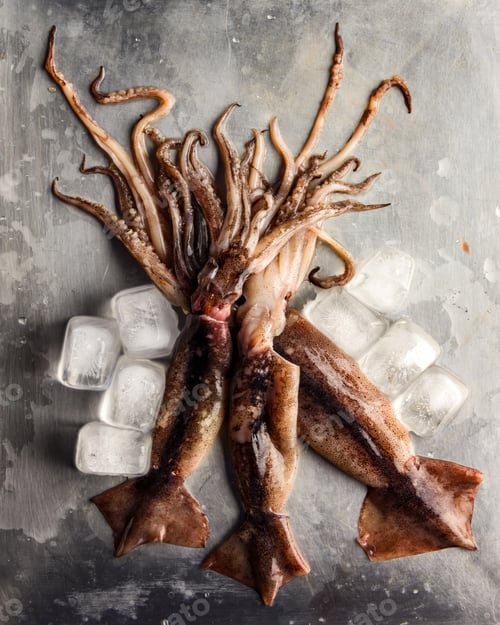 Preview: Raw squid with ice cubes on steel plate