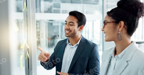 Preview: Business man, woman and planning by glass board, point and talk with thinking, notes and problem so